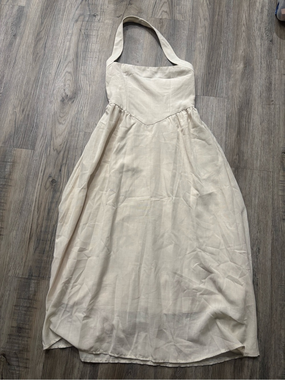 Linen-Blend Cream Midi Dress with Halter Neck